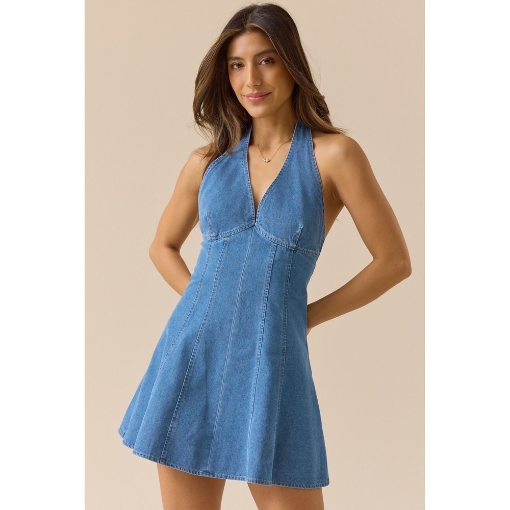 Altar'd State Light Wash Denim Halter Mini Dress Size Small